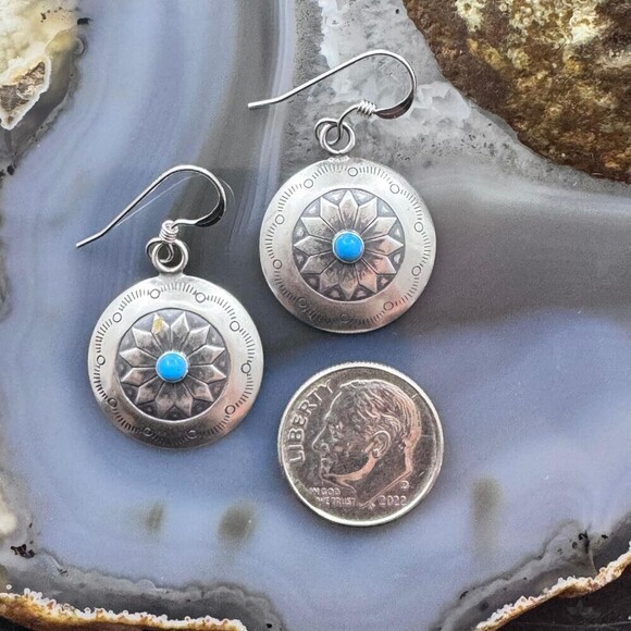 Native American Sterling Silver Turquoise Dot Stamped Concho Dangle Earrings - Picture 8 of 10
